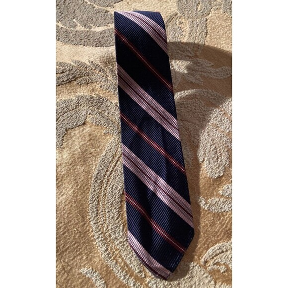 Vintage 60s Necktie 1960s Silk Pink & Brown Striped Mod Preppy Chic Short Tie - Picture 1 of 6